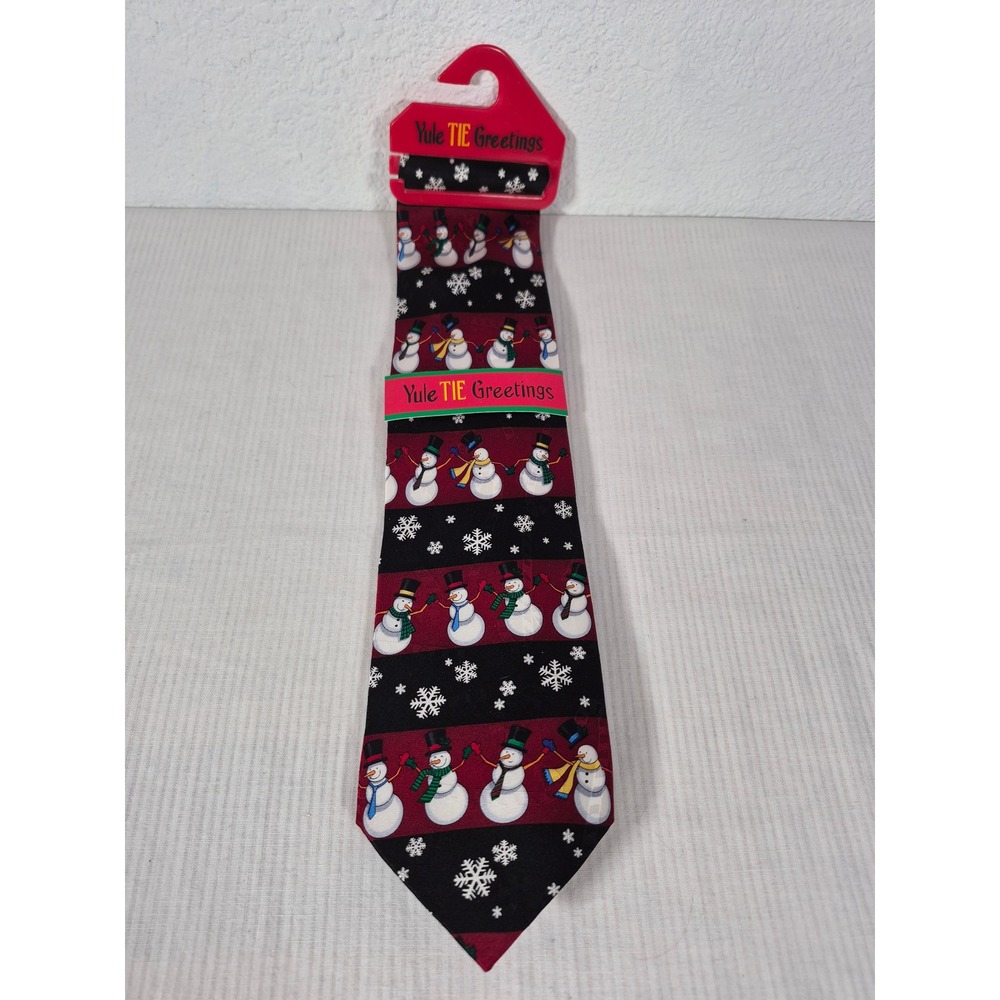 Hallmark Yule TIE Greetings Snowman Christmas Necktie Burgundy Black Holiday